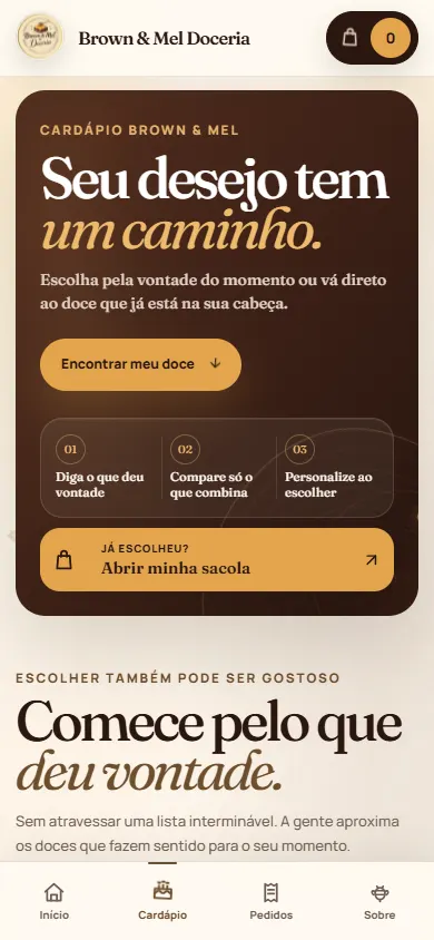 Abertura do cardápio da Brown & Mel, com as etapas de escolha e acesso à sacola.